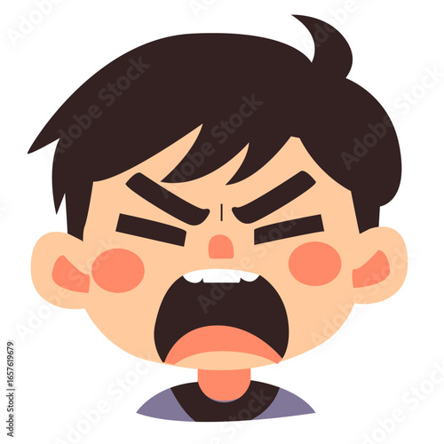 Illustration of an angry boy shouting loudly with furrowed brows and wide open mouth, showing strong anger emotion.
