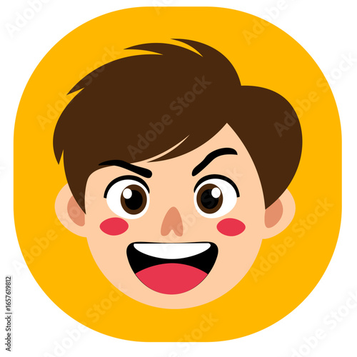 Cute cartoon boy face laughing loudly with wide open mouth, showing joyful and playful expression.
