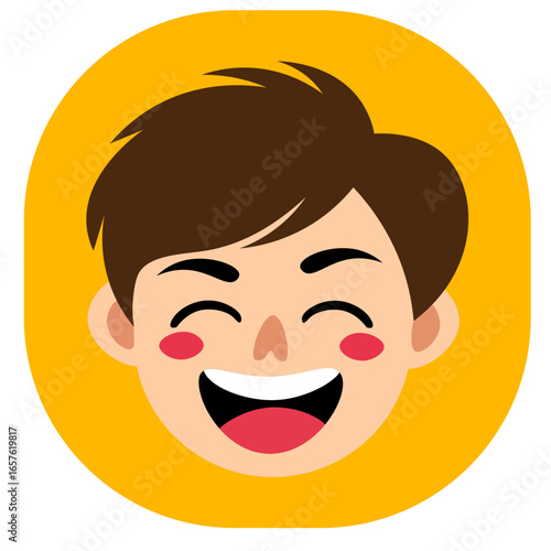 Cartoon boy face smiling widely with cheerful expression, open eyes, and a happy mood.
