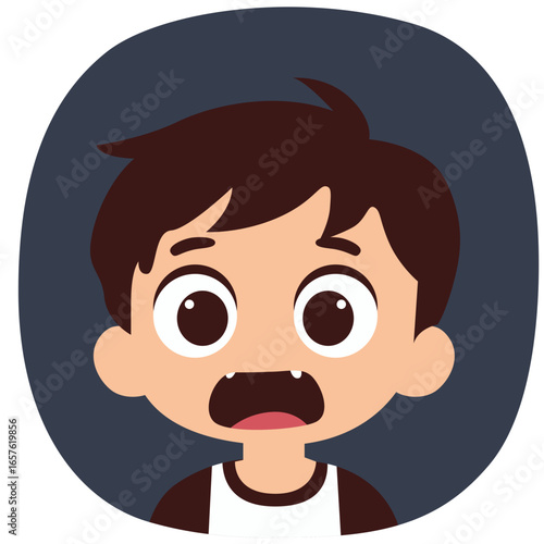 Cartoon boy character with confused facial expression, worried eyes and uneven mouth shape, isolated on colorful background.

