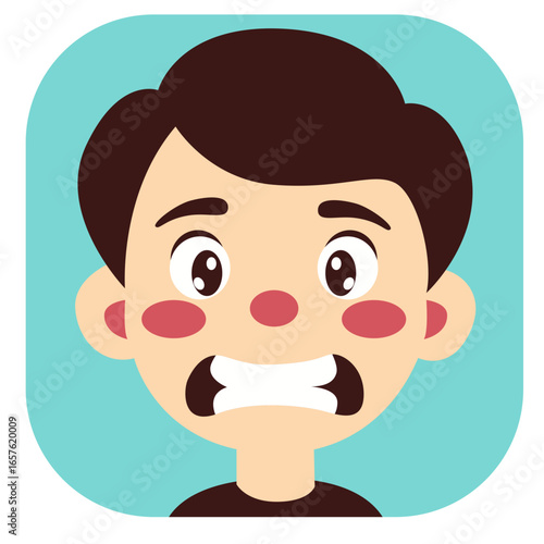 Cartoon boy with angry face, teeth showing and frowning eyebrows, isolated on white background illustration.
