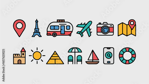 A set of 10 travel and vacation icons arranged in two rows on a white background.  