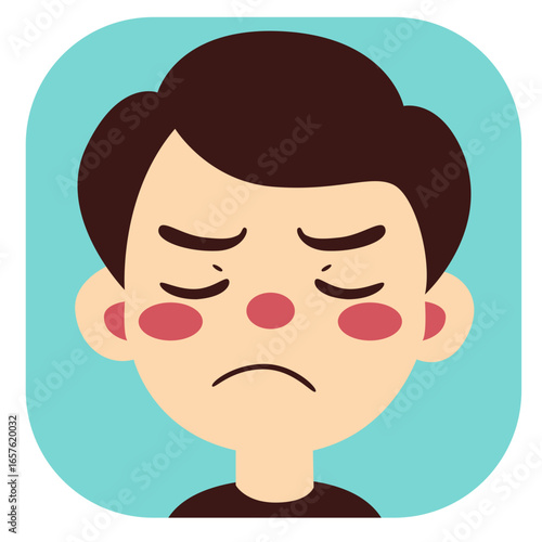 Cartoon boy showing disappointed expression, eyes closed with frowning face, isolated on white background illustration.
