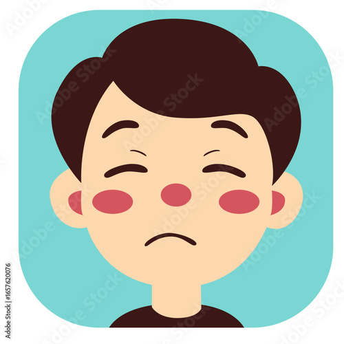 Cute cartoon boy with sad expression, closed eyes and frowning face, isolated on white background illustration.
