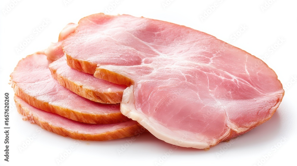 Sliced ham arranged on a white background, showcasing its pink, tender texture and savory appeal Sliced ham arranged on a white background, showcasing its pink, tender texture and savory appeal