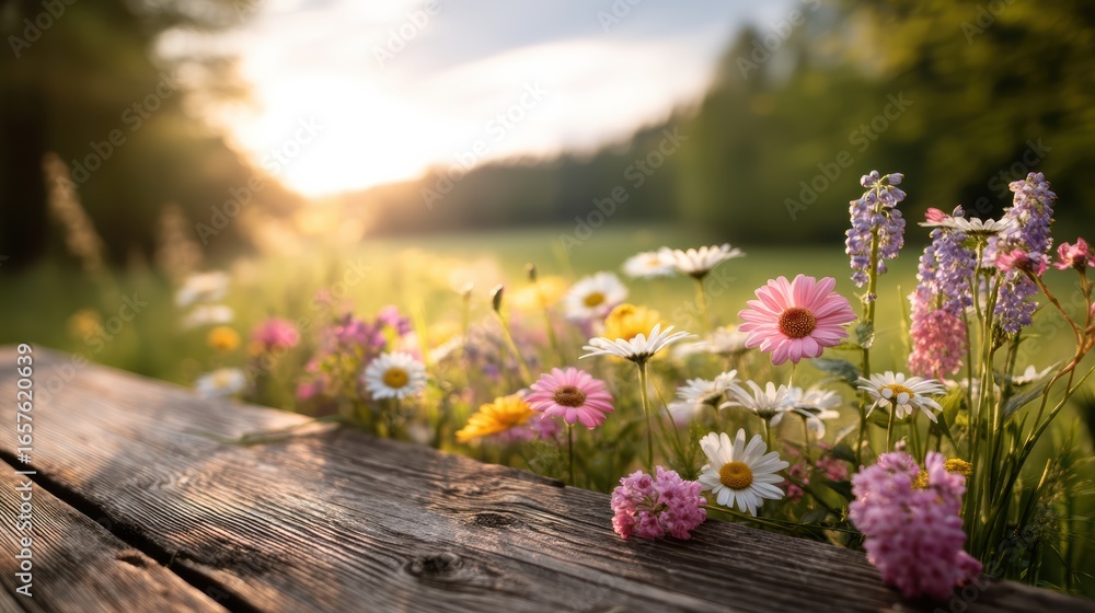 Obraz premium Wildflowers bloom beside a rustic wooden bench in a sunlit meadow, with a soft focus forest background at sunset