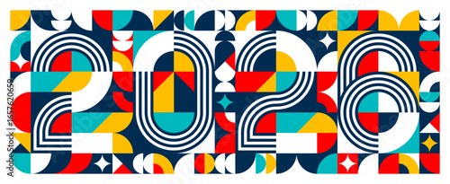 2026 new year banner with numerals integrated into a bold geometric pattern of colorful abstract shapes in red, yellow, teal, navy and white. Vector modern, retro inspired calendar holiday celebration