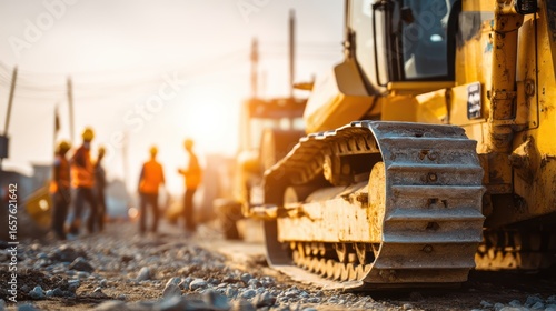 Wallpaper Mural A close-up of a construction vehicle’s track with workers in safety vests and helmets standing in the background at a sunlit construction site Torontodigital.ca