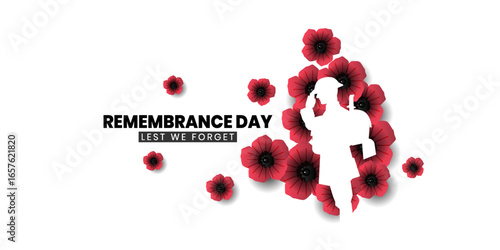 Remembrance day poster, Lest We forget 11 November greeting banner or card of poppy flowers, Vector illustration.