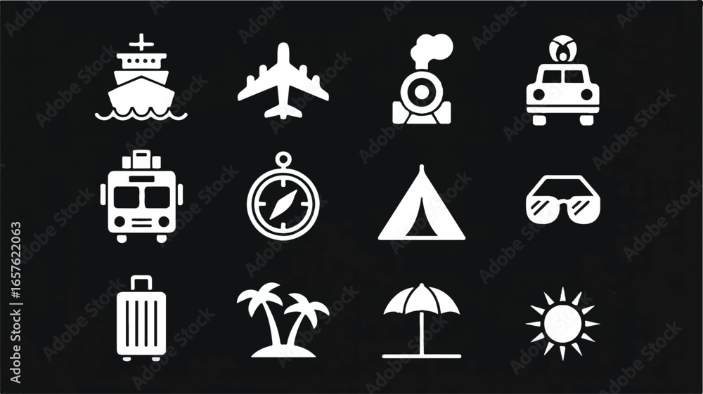Fototapeta premium A set of 12 white transportation and travel icons arranged in a 3x4 grid against a black background .