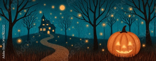 A spooky Halloween night scene featuring a glowing jack-o'-lantern, an eerie house, and twinkling stars illuminating the dark sky.