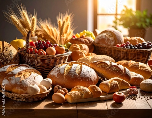 A rustic harvest of freshly baked artisanal bread, baguettes, and pastries artfully arranged on a wooden table, accented with ripe fruits and wheat stalks, evoking warmth and abundance