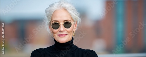Confident older woman wearing sunglasses and a turtleneck exudes style and sophistication in an urban setting, embodying timeless elegance and charm.