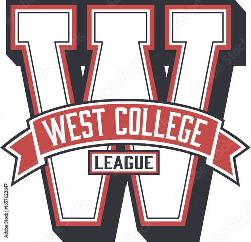 Varsity sport patch label of college team league players badge, vector emblem. Varsity patch of letter W with ribbon for West college or university league of soccer football or baseball sport club