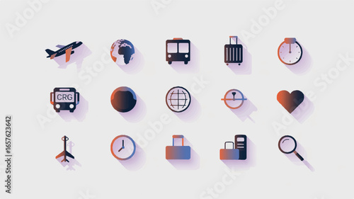 A set of 15 travel and transportation icons arranged in a grid layout against a white background.