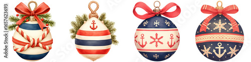 Coastal Nautical Christmas. Four decorative ornaments featuring nautical designs, including stripes, anchors, and festive bows.