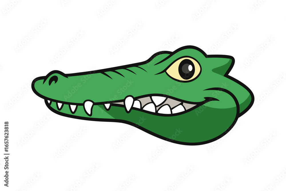 Fototapeta premium A cute green cartoon crocodile head with a happy smile and sharp teeth