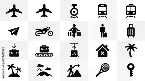 A set of 16 black and white travel and transportation icons arranged in a 4x4 grid on a white background. 