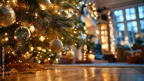 Low Angle Christmas Tree with Golden Ornaments and Fairy Lights in Cozy Holiday Room