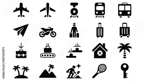 A set of 16 black and white travel and transportation icons arranged in a 4x4 grid on a white background. 