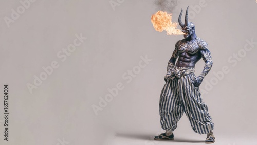 炎を吐き出す力強い黒鬼の全身像