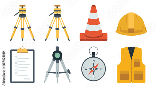 Surveying and Construction Equipment Including Tripods Cone Hard Hat Compass and Vest surveying equipment