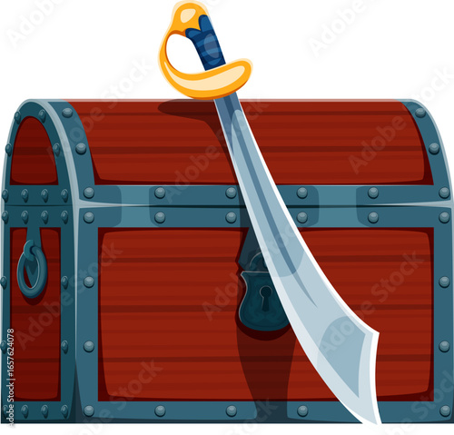 Caribbean pirates game icon of corsairs treasure chest and saber sword, cartoon vector. Caribbean pirates adventure game element of chest box with lock and corsair saber blade for pirates loot snatch