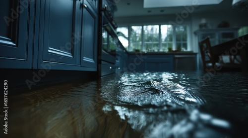 Water floods a modern kitchen, reflecting cabinets and windows, with light streaming in from outside