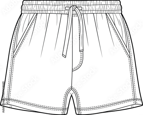 Black and white line drawing of athletic shorts with drawstring and pockets sportswear activewear