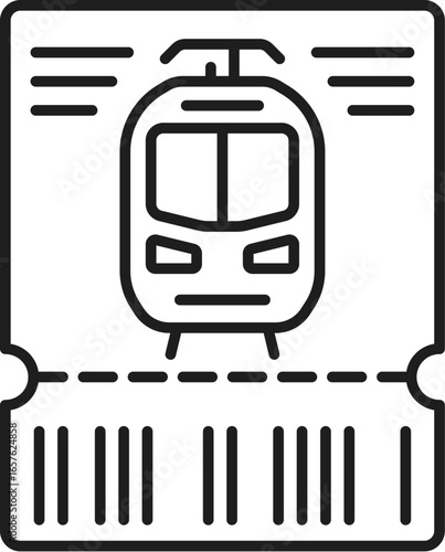 Railroad railway icon or train, subway or metro ticket, vector line pictogram. Railroad and railway symbol of ticket for metro underground and tram or intercity train railcar or public transport