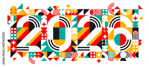 2026 new year banner. Vibrant geometric typography created from colorful abstract shapes and patterns in red, yellow, black, turquoise or white. Vector festive calendar number date with retro elements