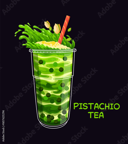 Cartoon milk bubble tea glass with bright splashes of pistachio flavor, vector dessert drink. Milk bubble tea cup with drinking straw and green splash of pistachio nuts for boba pearls drink menu