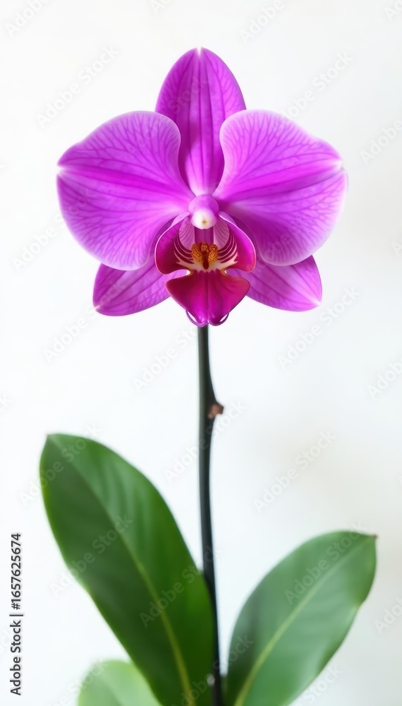 Fototapeta premium Single vibrant purple orchid, pristine white backdrop Clipping path provided , clipping path, vibrant, high resolution