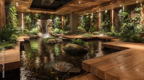 Serene indoor oasis with cascading waterfall, lush greenery, and natural wood walkways creates tranquil ambiance