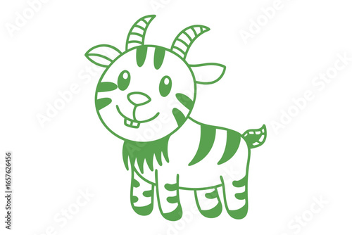 Smiling green cartoon goat with stripes, beard, and small horns stands cheerfully