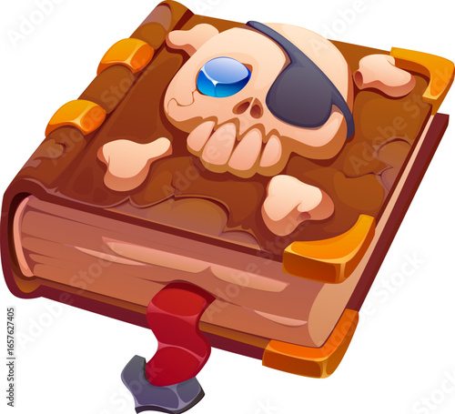 Cartoon 3D pirate game icon of sail logbook for Caribbean corsairs accessory, vector asset. Captain sailing book with Jolly Roger skull and crossbones for pirate adventure or corsair arcade game asset