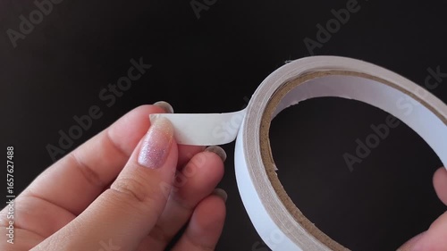 Female hands unwrap double-sided tape. Adhesive tape for crafts, repairs.