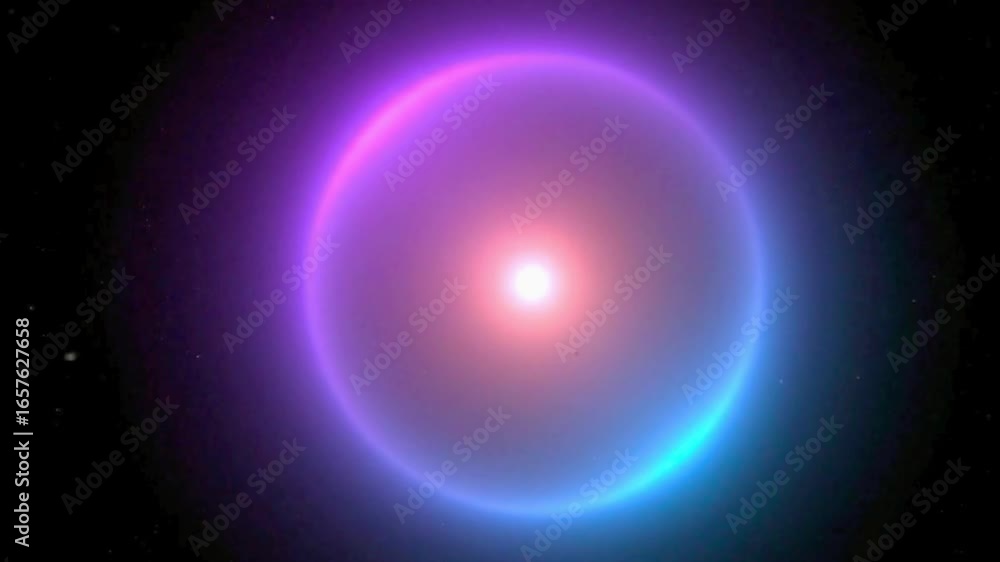 Vibrant purple and blue glowing orb with a bright center, radiating energy and light against a dark cosmic background