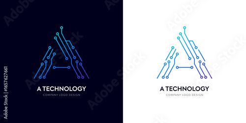 A letter network logo design for artificial intelligence tech innovation. Futuristic typographic alphabet logo, AI technology corporate brand circuit vector. Techno gradient electric cyber text line.