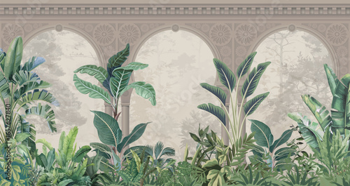 Mughal Garden at Night with Peacocks and Temples, Mughal Garden Illustration, Mughal Garden Wall Murals for Print, Indian wallpaper.