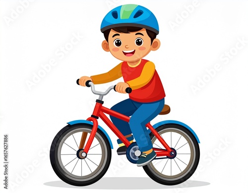 Cute cartoon illustration of a happy little boy riding his red bicycle while wearing a safety helmet