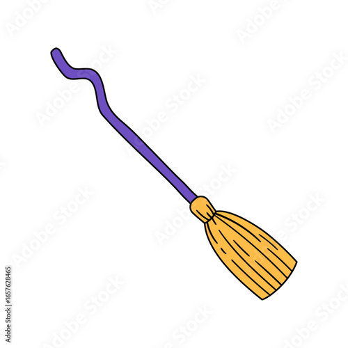 Witch broom with purple handle and yellow bristles in retro style. Hand drawn vector illustration.