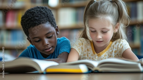 Children engaged in reading together in a cozy library setting during daytime