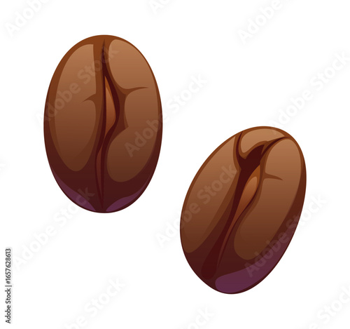 Cartoon roasted two coffee beans with dark brown color, smooth surface, central crease and smooth texture. Isolated vector food element for breakfast or energy themes. Ingredient for drink, cafe menus