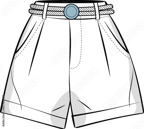White pleated shorts with rope belt and blue button white shorts high waisted shorts