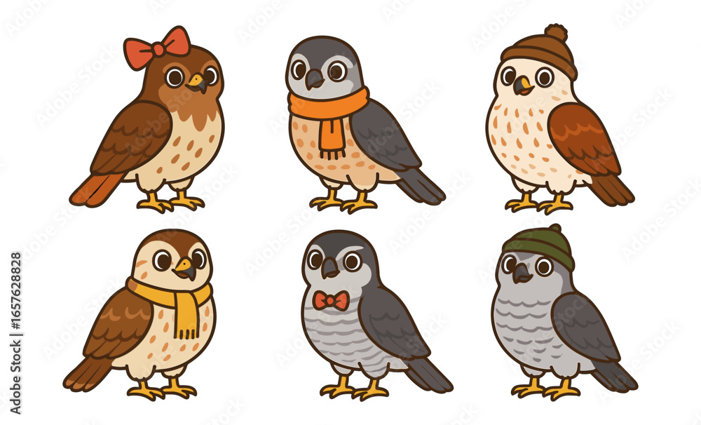 Fototapeta premium Cute owls in autumn attire with accessories: flat cartoon style