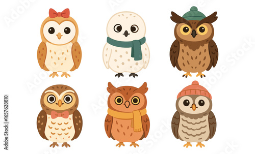 Cute cartoon owls in winter accessories: cozy and adorable birds