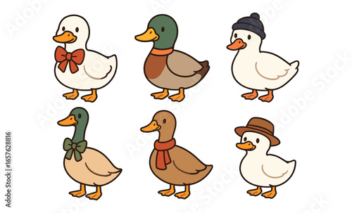 Charming cartoon ducks with accessories: bows, hats, and scarves