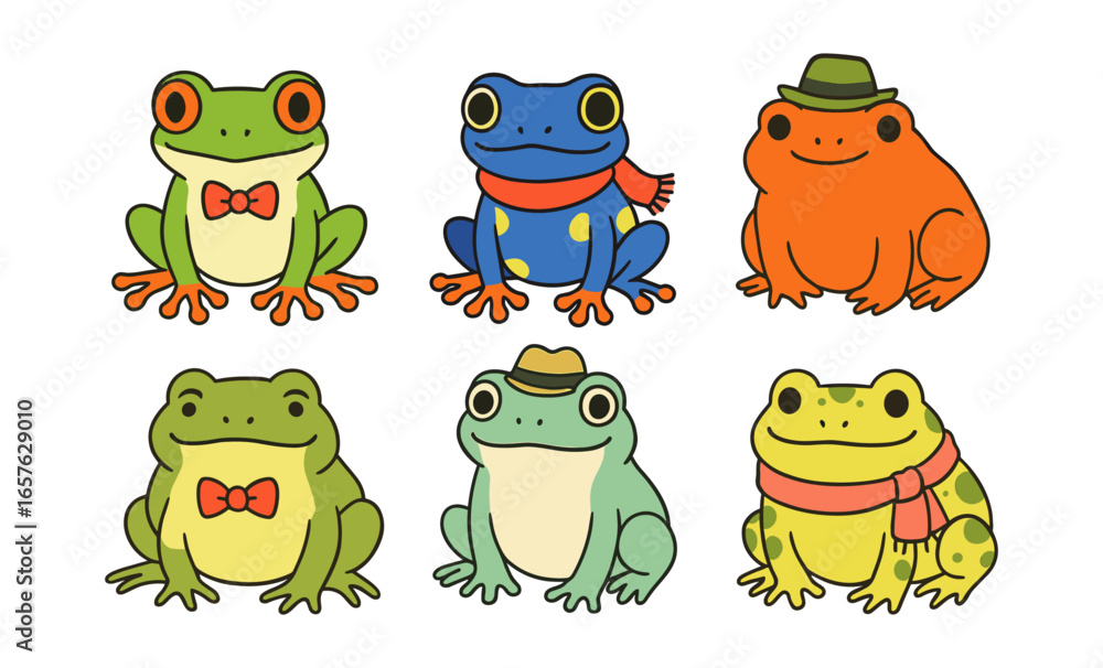 Obraz premium Charming cartoon frogs with bow ties and hats in various colors and styles