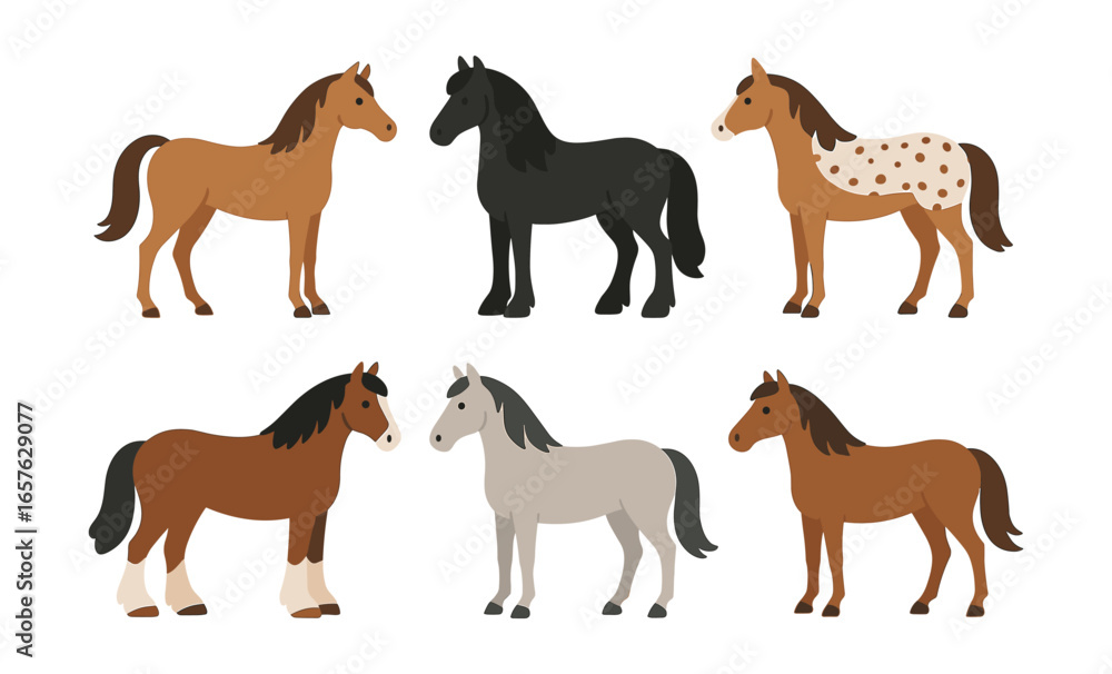 Obraz premium Colorful collection of flat style horses with diverse breeds and patterns